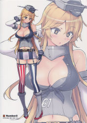 Rule 34 | 1girl, absurdres, belt, blonde hair, boots, breasts, cleavage, elbow gloves, front-tie top, garter straps, gloves, highres, iowa (kancolle), kantai collection, large breasts, long hair, miniskirt, navel, ootomo takuji, skirt, skirt tug, star-shaped pupils, star (symbol), symbol-shaped pupils, thighhighs, white background, wrist cuffs