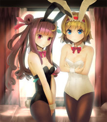 Rule 34 | 2girls, alice margatroid, animal ears, backlighting, bare arms, bare shoulders, blonde hair, blue eyes, blush, bow, breasts, brown legwear, cleavage, crescent, crescent hair ornament, crossed arms, culter, curtains, detached collar, double bun, fake animal ears, hair bun, hair ornament, hairband, leotard, lolita hairband, long hair, looking at viewer, multiple girls, pantyhose, patchouli knowledge, playboy bunny, purple eyes, purple hair, rabbit ears, rabbit tail, single hair bun, tail, touhou, twintails, v arms, very long hair, window, wrist cuffs