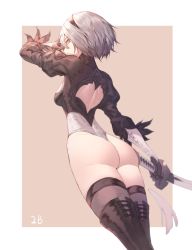 Rule 34 | 1girl, absurdres, ass, bad id, bad twitter id, black gloves, black thighhighs, boots, breasts, character name, dutch angle, from behind, gloves, grey eyes, hairband, highres, leotard, long sleeves, nier (series), nier:automata, parted lips, peulopi, puffy long sleeves, puffy sleeves, short hair, silver hair, simple background, small breasts, solo, sword, thigh boots, thighhighs, thighs, weapon, 2b (nier:automata)