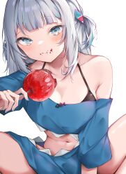 Rule 34 | 1girl, :t, absurdres, adapted costume, black bra, blue eyes, blue hair, blue hoodie, blue nails, blunt bangs, blush, bra, breasts, candy apple, clothing cutout, commentary, eating, fingernails, food, food on face, gawr gura, gawr gura (1st costume), grey hair, hair ornament, highres, holding, holding food, hololive, hololive english, hood, hoodie, kohika, looking at viewer, medium hair, multicolored hair, nail polish, navel, off shoulder, shark hair ornament, sidelocks, simple background, sitting, small breasts, solo, spread legs, stomach cutout, streaked hair, symbol-only commentary, two side up, underwear, virtual youtuber, white background