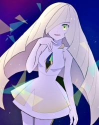Rule 34 | 1girl, :d, anzu (south3927), bare arms, bare shoulders, blonde hair, cowboy shot, creatures (company), dress, game freak, gem, green eyes, hair over one eye, highres, leggings, light particles, long hair, looking at viewer, lusamine (pokemon), nintendo, open mouth, pokemon, pokemon sm, see-through, short dress, sleeveless, sleeveless dress, smile, solo, standing, very long hair, white dress
