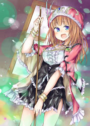 Rule 34 | 1girl, alt (ctrldel), atelier (series), atelier rorona, atelier totori, blue eyes, blush, boots, bracelet, breasts, cape, cleavage, female focus, hat, highres, jewelry, long hair, looking at viewer, open mouth, orange hair, rororina fryxell, sitting, skirt, smile, solo, staff