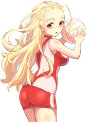 Rule 34 | 1022 deadly, ass, ball, blonde hair, commentary request, forehead, from behind, girls und panzer, highres, holding, holding ball, looking at viewer, looking back, red shorts, sasaki akebi, shirt, short shorts, shorts, simple background, sleeveless, sleeveless shirt, sportswear, standing, volleyball, volleyball uniform, white background, yellow eyes