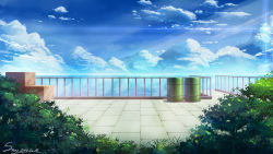 Rule 34 | 2016, absurdres, bad id, bad pixiv id, barrel, blue sky, bush, cloud, crate, dated, day, drum (container), highres, horizon, lens flare, no humans, ocean, original, railing, scenery, signature, sky, snow (676528662), sunlight