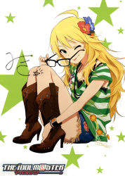 Rule 34 | 1girl, absurdres, ahoge, beads, blonde hair, boots, bra strap, bracelet, breasts, character name, cleavage, copyright name, cover, dvd cover, flower, full body, glasses, hair flower, hair ornament, high heel boots, high heels, highres, holding, holding removed eyewear, hoshii miki, idolmaster, idolmaster (classic), jewelry, long hair, necklace, nishigori atsushi, official art, one eye closed, pin, shirt, shorts, sitting, small breasts, solo, star (symbol), striped clothes, striped shirt, tongue, tongue out, unworn eyewear, watch, wink, wristwatch