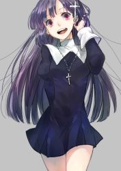 Rule 34 | 1girl, cross, cross necklace, hair ornament, hairclip, hand in own hair, jewelry, kannagi, long hair, migita, necklace, nun, open mouth, purple eyes, purple hair, simple background, smile, solo, zange