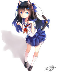 Rule 34 | 1girl, absurdres, allenes, animal ear fluff, animal ears, bell, black footwear, black hair, blue bow, blue eyes, blue hair, blue sailor collar, blue skirt, bow, bow skirt, breasts, cat ears, cat girl, cat tail, chestnut mouth, collarbone, dated, fish hair ornament, footwear bow, frilled skirt, frills, full body, gradient hair, hair ornament, hair strand, hands up, highres, jingle bell, kneehighs, legs, loafers, long hair, looking at viewer, medium breasts, miniskirt, multicolored hair, neckerchief, original, paw pose, pleated skirt, red neckerchief, sailor collar, sailor collar lift, shadow, shirt, shoes, short sleeves, signature, skirt, socks, solo, standing, tail, tail bell, tail bow, tail ornament, tail raised, two side up, white shirt, white socks
