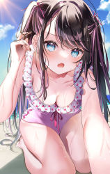 Rule 34 | 1girl, absurdres, barefoot, beach, black hair, black nails, blue eyes, breasts, brown hair, collarbone, colored inner hair, day, fang, tucking hair, highres, kaga nazuna, leaning forward, long hair, looking at viewer, medium breasts, mole, mole under eye, multicolored hair, nail polish, ocean, one-piece swimsuit, open mouth, outdoors, pink hair, pink one-piece swimsuit, pink ribbon, polka dot, polka dot swimsuit, pome charo, ribbon, seiza, sitting, sky, solo, swept bangs, swimsuit, symbol-shaped pupils, thighs, two-tone hair, two side up, very long hair, virtual youtuber, vspo!, wet, wet clothes