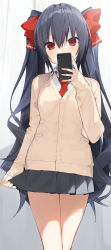 Rule 34 | 1girl, absurdres, black hair, black skirt, blush, breasts, buran buta, cardigan, cellphone, commentary request, hair between eyes, hair ribbon, highres, holding, holding phone, long hair, long sleeves, looking at viewer, medium breasts, neptune (series), noire (neptunia), phone, pleated skirt, red eyes, red ribbon, ribbon, school uniform, shy, skirt, solo, standing, thighs, tsundere, twintails, very long hair, yellow cardigan