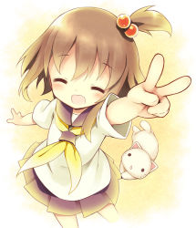 Rule 34 | 1girl, aikei ake, blush, brown hair, cat, closed eyes, eyebrows, from above, hair bobbles, hair ornament, neckerchief, open mouth, original, side ponytail, skirt, smile, solo, v