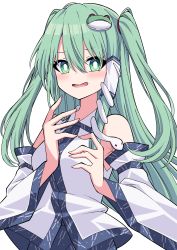 Rule 34 | 1girl, absurdres, alternate costume, blouse, collared shirt, detached sleeves, frog hair ornament, green eyes, green hair, hair between eyes, hair ornament, highres, kochiya sanae, long hair, looking at viewer, open mouth, shirt, simple background, snake hair ornament, solo, touhou, tsukimirin, two side up, white background, white shirt