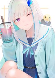 Rule 34 | 1girl, absurdres, aqua cardigan, aqua hair, aqua nails, blue dress, blush, breasts, bubble tea, cardigan, closed mouth, colored inner hair, commentary, cup, dress, drink, drinking straw, eyelashes, hair ornament, highres, holding, holding drink, lips, lize helesta, long hair, looking at viewer, multicolored hair, nail polish, nijisanji, one eye closed, purple eyes, rushian, sailor collar, sebastian piyodore, short dress, silver hair, simple background, sitting, small breasts, smile, solo, straight hair, streaked hair, two-tone hair, virtual youtuber, white background