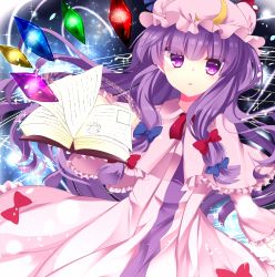 Rule 34 | 1girl, book, bow, capelet, hair bow, hat, highres, kozue1120, magic circle, mob cap, patchouli knowledge, philosopher&#039;s stone, purple eyes, purple hair, solo, touhou