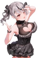 Rule 34 | 1girl, absurdres, arms up, bandaid, bandaid hair ornament, black bow, black dress, black hair, black nails, bow, breasts, cleavage, cleavage cutout, clothing cutout, double v, dress, drill hair, frilled dress, frills, grey hair, hair bow, hair ornament, highres, hololive, large breasts, looking at viewer, medium hair, multicolored hair, nail polish, official alternate costume, open mouth, red eyes, sakamata chloe, sakamata chloe (jirai kei), sleeveless, sleeveless dress, smile, solo, streaked hair, tomaton (t 0), twin drills, v, virtual youtuber, white background, x hair ornament