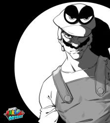 Rule 34 | 1boy, cappy (mario), commentary request, facial hair, greyscale, haleileileilei, hat, hat over one eye, high contrast, highres, jojo pose, living clothes, male focus, manly, mario, mario (series), monochrome, mustache, nintendo, overalls, solo, super mario odyssey
