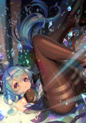 Rule 34 | 1girl, ahoge, bare shoulders, black legwear, blue hair, breasts, chinese knot, detached sleeves, flower knot, ganyu (genshin impact), genshin impact, horns, ice, legs over head, legs up, long hair, looking at viewer, magic, medium breasts, multicolored eyes, open mouth, signature, solo, tassel, thighlet, very long hair, wind, yamahara