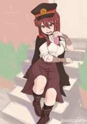 Rule 34 | 1girl, bandaged arm, bandages, bandaid, bandaid on face, bandaid on nose, black jacket, black socks, boots, borrowed character, brown eyes, brown footwear, bush, collared shirt, elbow rest, full body, hair ornament, hat, highres, jacket, jacket on shoulders, juice box, kneehighs, long skirt, looking at viewer, military hat, open mouth, original, red hair, red skirt, ringed eyes, sandcasks, sharp teeth, shirt, sitting, sitting on stairs, skirt, sleeves rolled up, socks, solo, stairs, teeth, white shirt