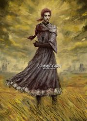 Rule 34 | 1girl, amputee, azure meraki, blood, closed mouth, dress, elden ring, field, grey dress, highres, long sleeves, millicent (elden ring), ponytail, red hair, scar, solo, standing, wide sleeves, yellow eyes