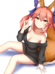 Rule 34 | 10s, 1girl, animal ear fluff, animal ears, bad id, bad pixiv id, bare shoulders, blue ribbon, blush, breasts, cleavage, clothes pull, collarbone, commentary request, fate/extra, fate/grand order, fate (series), fox ears, fox shadow puppet, fox tail, hair ribbon, highres, large breasts, long hair, looking at viewer, looking up, pink hair, rachione, ribbon, simple background, smile, solo, sweater, sweater pull, tail, tamamo (fate), tamamo no mae (fate/extra), white background, yellow eyes