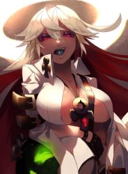 Rule 34 | 1girl, ankh, bad id, bad pixiv id, ball and chain restraint, black gloves, bodysuit, breasts, candy, spiked halo, food, food in mouth, gloves, guilty gear, guilty gear xrd, halo, high collar, highres, jack-o&#039; valentine, jerun, jewelry, large breasts, lips, lollipop, looking at viewer, multicolored hair, no bra, pendant, plunging neckline, red eyes, red hair, solo, two-tone hair, white bodysuit, white hair