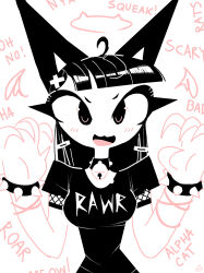 Rule 34 | 1girl, ahoge, andaerz, animal ears, bell, black eyes, black shirt, blunt bangs, blush, bracelet, cat ears, cat girl, choker, fishnet top, fishnets, furrowed brow, hair ornament, hairclip, halo, highres, jewelry, jingle bell, limited palette, long hair, open mouth, original, shirt, simple background, solo, spiked bracelet, spikes, t-shirt, white background