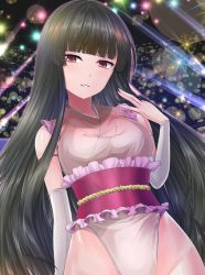 Rule 34 | 1girl, black hair, breasts, brown eyes, closed mouth, collarbone, covered navel, frills, hand in own hair, hime cut, houraisan kaguya, japanese clothes, large breasts, leotard, long hair, looking at viewer, pink robe, purple eyes, revealing clothes, robe, sash, smile, solo, tatami, touhou, touhou tag dream, very long hair, wrestling outfit, y2