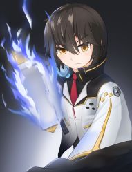 Rule 34 | 1girl, black background, black gloves, black hair, black shirt, blue fire, brown eyes, closed mouth, closers, collared shirt, commentary, fire, gloves, gradient background, grey background, hair between eyes, highres, jacket, long sleeves, looking at viewer, necktie, red necktie, seha lee, shirt, solo, stratosphere (coom1017), upper body, v-shaped eyebrows, white jacket