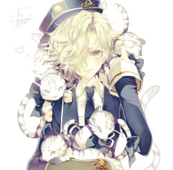 Rule 34 | 10s, 1boy, animal, animal on shoulder, artist name, black necktie, blonde hair, clothed animal, collared shirt, gokotai, gokotai&#039;s tigers, hair over one eye, hat, headpat, heart, highres, holding, holding animal, jacket, long sleeves, looking at viewer, male focus, military, military uniform, necktie, shiro (himawari), shirt, signature, simple background, sleeves rolled up, slit pupils, smile, solo, tiger, tiger cub, touken ranbu, uniform, upper body, white background, white shirt, white tiger, yellow eyes