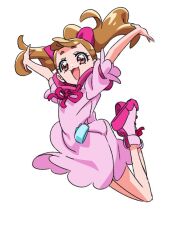 1girl :3 :d \o/ arms_up bow brown_hair commentary_request dress floating_hair full_body hair_bow inukai_komugi jumping legs_up long_hair looking_at_viewer neck_ribbon open_mouth outstretched_arms pink_bow pink_dress pink_ribbon precure red_eyes ribbon simple_background smile solo white_background wonderful_precure! yoko.u