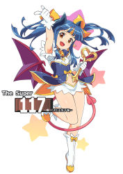Rule 34 | 1girl, arm up, bat wings, blue hair, blue shirt, boots, brown eyes, demon girl, demon tail, gloves, horns, leg lift, long hair, low wings, miniskirt, navel, om (nk2007), open mouth, pointing, pointy ears, ruruie (shinrabanshou), shinrabanshou, shirt, skirt, smile, solo, tail, tiara, twintails, wand, white footwear, white gloves, white skirt, wings