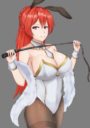 Rule 34 | 1girl, absurdres, animal ears, azur lane, bare shoulders, braid, breasts, rabbit ears, cleavage, clothing cutout, crown braid, detached collar, fake animal ears, feather boa, gold trim, grey background, highres, holding, holding whip, large breasts, leotard, long hair, monarch (azur lane), pantyhose, playboy bunny, purple eyes, strapless, strapless leotard, thighband pantyhose, tian kazuki, underboob cutout, white leotard, wing collar, wrist cuffs