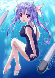 Rule 34 | 10s, 1girl, :d, barefoot, blue hair, breasts, i-19 (kancolle), ikeda yuuki, kantai collection, large breasts, long hair, looking back, one-piece swimsuit, open mouth, personification, red eyes, school swimsuit, smile, swimsuit, twintails, underwater