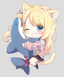Rule 34 | 1girl, animal ears, black socks, blonde hair, blue eyes, blush, cardigan, cat ears, cat girl, cat tail, chibi, commentary request, dice hair ornament, eighth note, full body, grey background, grey shirt, grey skirt, grin, hair ornament, hairclip, hugging object, kuune rin, long hair, long sleeves, looking at viewer, musical note, no shoes, off shoulder, one eye closed, one side up, original, pink cardigan, plaid, plaid skirt, pleated skirt, puffy long sleeves, puffy sleeves, school uniform, shirt, simple background, single hair intake, skirt, sleeves past wrists, smile, socks, solo, stuffed animal, stuffed shark, stuffed toy, tail, very long hair