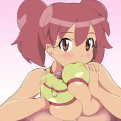 Rule 34 | 1girl, blush, breasts, breasts squeezed together, censored, clothed sex, covered erect nipples, hinata natsumi, keroro gunsou, large breasts, looking at viewer, lying, mosaic censoring, naughty face, on back, orange eyes, paizuri, paizuri under clothes, penis, pink hair, pov, red hair, short hair, smile, solo focus, twintails, underboob