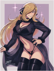 Rule 34 | 1girl, black panties, blonde hair, border, bra visible through clothes, breasts, cleavage, creatures (company), cynthia (pokemon), fur trim, game freak, grey border, grey eyes, hair over one eye, hand on own hip, holding, iahfy, large breasts, long hair, long sleeves, navel, nintendo, panties, parted lips, pokemon, pokemon dppt, purple background, smile, solo, sparkle, underwear, very long hair