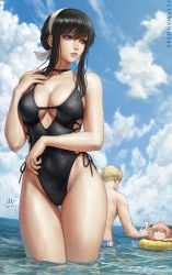 Rule 34 | 1boy, 2girls, anya (spy x family), artist name, bare shoulders, black choker, black hair, black one-piece swimsuit, blonde hair, breasts, choker, cleavage, cloud, cloudy sky, commentary, constricted pupils, covered navel, dated, english commentary, family, father and daughter, gluteal fold, gold trim, hairband, hand up, highres, innertube, large breasts, lips, looking away, medium hair, mother and daughter, multiple girls, nose, ocean, one-piece swimsuit, parted lips, partially submerged, pink hair, red eyes, sciamano240, short hair, short hair with long locks, signature, sky, solo focus, spy x family, struggling, swim ring, swimming, swimsuit, thigh gap, thighs, topless male, twilight (spy x family), very short hair, wet, white hairband, wide-eyed, yor briar