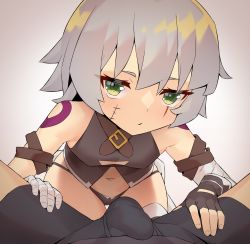 Rule 34 | 1boy, 1girl, bandaged arm, bandages, bare shoulders, black panties, black vest, breasts, bulge, cropped vest, facial scar, fate/apocrypha, fate/grand order, fate (series), green eyes, hair between eyes, jack the ripper (fate/apocrypha), looking at viewer, navel, panties, scar, scar across eye, scar on cheek, scar on face, short hair, shoulder tattoo, small breasts, solo focus, spread legs, tattoo, thighhighs, thighs, underwear, vest, viroa, white hair