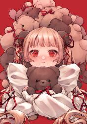 Rule 34 | 1girl, :t, blonde hair, blunt bangs, blush, bow, bowtie, hair ribbon, highres, holding, holding stuffed toy, long hair, long sleeves, looking at viewer, nose blush, hugging object, original, pout, puffy long sleeves, puffy sleeves, red background, red bow, red bowtie, red eyes, red ribbon, ribbon, shiiro illust, sidelocks, sleeves past wrists, solo, straight-on, stuffed animal, stuffed toy, teddy bear, too many, twintails, upper body, very long hair, white bow, white bowtie