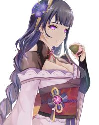 Rule 34 | 1girl, armor, braid, breasts, bridal gauntlets, cleavage, commentary request, crumbs, floral print, flower, food, genshin impact, hair ornament, highres, holding, holding food, japanese clothes, kimono, large breasts, long hair, long sleeves, looking at viewer, mole, mole under eye, nail polish, obi, obiage, obijime, open mouth, purple eyes, purple flower, purple hair, purple nails, raiden shogun, ribbon, sash, shoulder armor, simple background, solo, tassel, tei (teteno 6), white background, wide sleeves