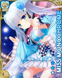 Rule 34 | 1girl, :o, blue dress, blue eyes, blunt bangs, card, character name, checkered pattern, closed mouth, concert, dress, flower, girlfriend (kari), hair flower, hair ornament, indoors, miss monochrome, miss monochrome (character), night, official art, qp:flapper, solo, standing, tagme, twintails, white footwear, white hair