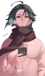 Rule 34 | 1boy, alternate costume, black hair, brown scarf, cellphone, closed mouth, earrings, facial mark, forehead mark, genshin impact, green hair, highres, holding, holding phone, jacket, jewelry, jk 4140, male focus, multicolored hair, phone, scarf, smartphone, solo, white jacket, xiao (genshin impact), yellow eyes