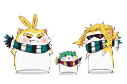 Rule 34 | all might, animalization, blonde hair, blue eyes, blush, boku no hero academia, freckles, grey background, grin, hamster, height difference, lliissaawwuu2, long hair, midoriya izuku, multicolored clothes, multicolored scarf, no humans, scarf, simple background, smile, standing, teeth, yagi toshinori