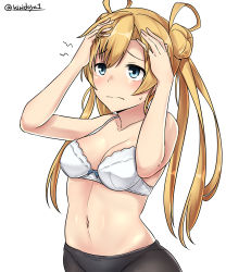 Rule 34 | 1girl, absurdres, abukuma (kancolle), arms up, asymmetrical bangs, bare arms, bare shoulders, black pantyhose, blonde hair, blue eyes, blush, bra, breasts, cleavage, closed mouth, collarbone, double bun, frown, hair bun, hair rings, hands on own head, highres, kantai collection, kiritto, long hair, looking up, low twintails, medium breasts, navel, panties, panties under pantyhose, pantyhose, simple background, solo, stomach, sweat, twintails, underwear, upper body, white background, white bra