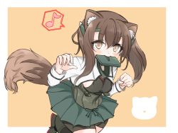 Rule 34 | 1girl, animal ears, bike shorts, black shorts, border, brown eyes, brown hair, commentary request, cowboy shot, dog ears, dog tail, eighth note, headband, headgear, highres, kantai collection, kasashi (kasasi008), kemonomimi mode, looking at viewer, mouth hold, muneate, musical note, orange background, pleated skirt, short hair, shorts, shorts under skirt, skirt, solo, spoken musical note, taihou (kancolle), tail, two-tone background, white border