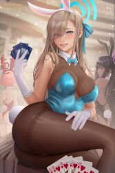 Rule 34 | 3girls, animal ears, ass, asuna (blue archive), asuna (bunny) (blue archive), black hair, blue archive, blue eyes, blue leotard, bow, bowtie, braid, breasts, card, dark-skinned female, dark skin, detached collar, fake animal ears, gloves, hair over one eye, halo, highres, holding, holding card, karin (blue archive), karin (bunny) (blue archive), large breasts, leotard, long hair, looking at viewer, mole, mole on breast, multiple girls, neru (blue archive), neru (bunny) (blue archive), official alternate costume, pantyhose, playboy bunny, pov, prywinko, rabbit ears, red leotard, single braid, smile, solo focus, strapless, strapless leotard, thighband pantyhose, white gloves, yellow eyes