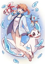 Rule 34 | 1girl, absurdres, asymmetrical hair, bare arms, bare shoulders, blush, competition swimsuit, covered navel, cowboy shot, creatures (company), dewgong, female focus, fukosshi, game freak, gen 1 pokemon, goldeen, hair tie, highres, holding, holding poke ball, horsea, jacket, looking at viewer, misty (pokemon), nintendo, one-piece swimsuit, open clothes, open jacket, orange hair, poke ball, poke ball (generic), pokemon, pokemon hgss, ponytail, print swimsuit, short hair, side ponytail, smile, solo, standing, swimsuit, thighs, water, white jacket