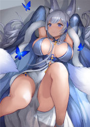 Rule 34 | 1girl, animal ear fluff, animal ears, arms behind head, arms up, azur lane, bad id, bad pixiv id, bare shoulders, blue butterfly, blue dress, blue eyes, blush, breasts, bug, butterfly, cleavage, dress, feather boa, fox ears, insect, kitsune, knee up, large breasts, long hair, looking at viewer, lying, mokyumokyuchan, on back, shinano (azur lane), shinano (dreams of the hazy moon) (azur lane), silver hair, smile, solo, very long hair
