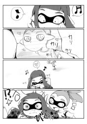 Rule 34 | !, 1boy, 1girl, bad id, bad pixiv id, blush, closed eyes, comic, drawing, greyscale, hand on own face, heart, hetero, highres, inkling, inkling boy, inkling girl, inkling player character, long hair, monochrome, musical note, nintendo, open mouth, paper, pen, pointy ears, quaver, sayo25, short hair, silent comic, sitting, smile, smirk, splatoon (series), splatoon 1, surprised, topknot, walking