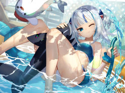Rule 34 | 1girl, bikini, bloop (gawr gura), blue eyes, blue hair, commentary, fang, fins, fish tail, flat chest, gawr gura, hair ornament, highres, holding, holding hose, hololive, hololive english, hose, inflatable shark, inflatable toy, looking at viewer, multicolored hair, one eye closed, one side up, scottie (phantom2), scrunchie, shark hair ornament, shark tail, short hair, sitting, skin fang, smile, streaked hair, swimsuit, tail, virtual youtuber, wading pool, water, white hair, wrist scrunchie