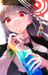 Rule 34 | 1girl, absurdres, blue archive, bow, braid, collared shirt, cup, drink, drinking glass, drinking straw, food, fruit, halo, haruna (blue archive), hat, highres, holding, holding cup, long hair, long sleeves, looking at viewer, nasan (coldtime), necktie, non porn, orange (fruit), orange slice, red eyes, shirt, simple background, smile, solo, upper body, white background